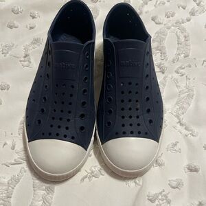 Native Dark Blue Perforated Slip-Ons with White Toes